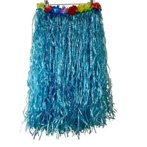 Adult Adjustable Hawaiian Hula Grass Skirt Blue One Size EUC Floral Luau